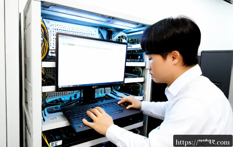 도선동 server출장방문수리점 - Photorealistic on-site server repair in a compact Doseon-dong office, technician inspecting a rack-m...