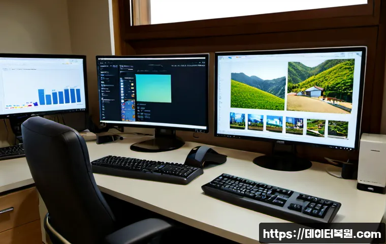 서원동 자동복구 - Photorealistic remote-support workstation in a compact residential office, dual monitors showing a c...