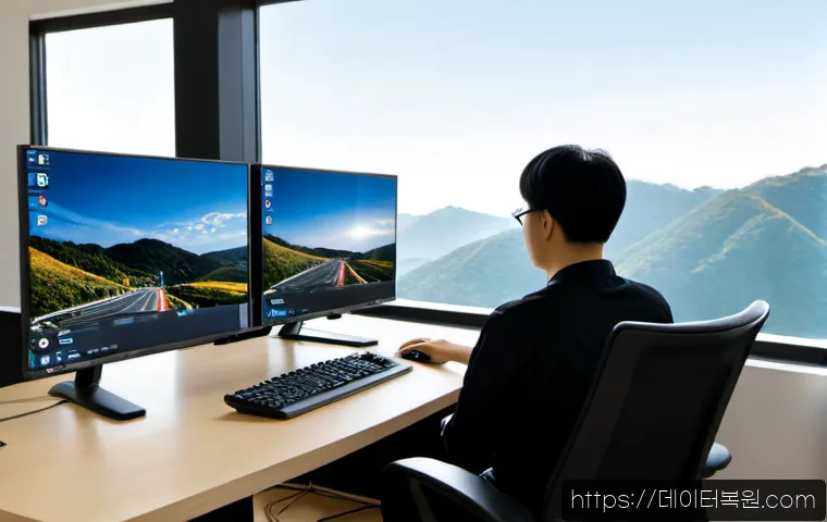 원문동 STATUS_IMAGE_NOT_FOUND - Photorealistic IT support workstation in a modern apartment office near a quiet Korean residential h...