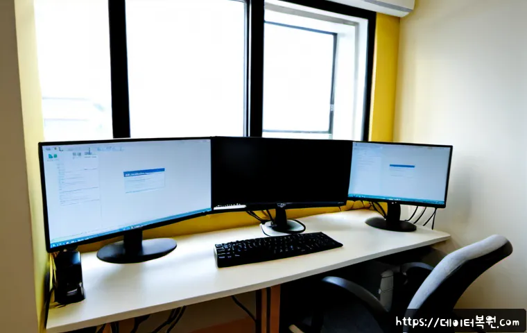 당산동 STATUS_KERNEL_POWER_FAILURE - Photorealistic IT support workstation in a compact Dangsan-dong office, dual monitors showing a clea...