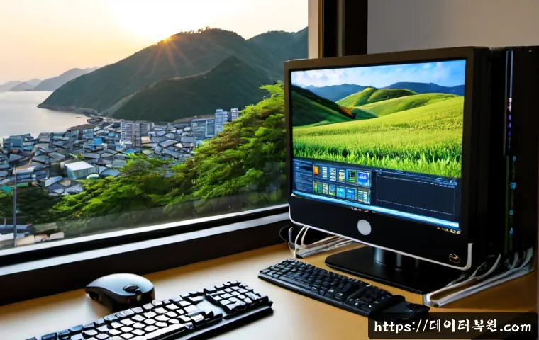 현석동 STATUS_DISK_READ_FAILURE - Photorealistic IT support workstation in a compact Hyeonseok-dong apartment office, desktop computer...