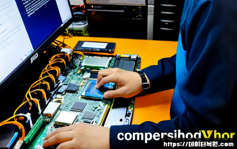 능곡동 SSD조립 및 교체수리 - Photorealistic computer repair workstation in a compact Neunggok-dong electronics shop, technician w...