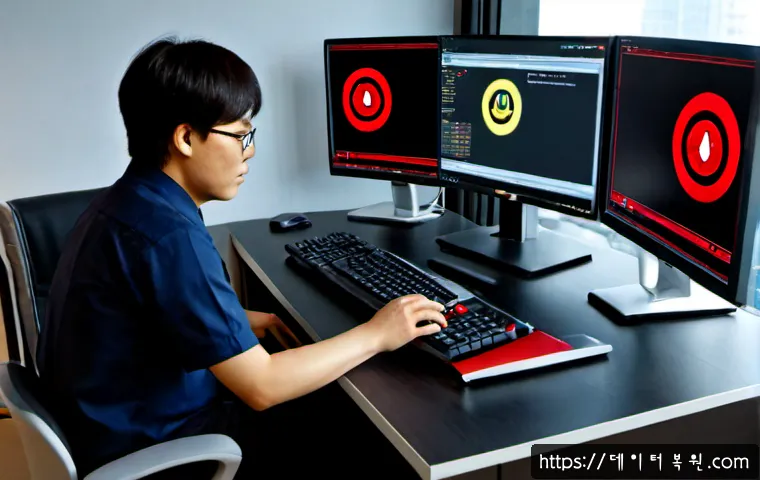 신대방 STATUS_PROTECTION_ERROR - Photorealistic IT support workstation in a compact Sindaebang apartment office, dual monitors showin...