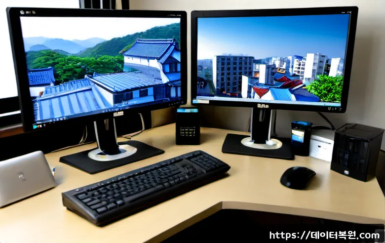 조원동 centos재설치 포맷  초기화 - Photorealistic IT workstation during a clean Linux server reinstallation, dual monitors showing abst...
