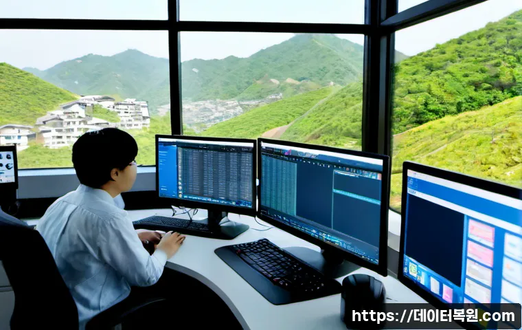 혜화동 STATUS_STACK_OVERFLOW - Photorealistic remote IT support workstation in a compact Hyehwa-dong studio office, dual monitors s...