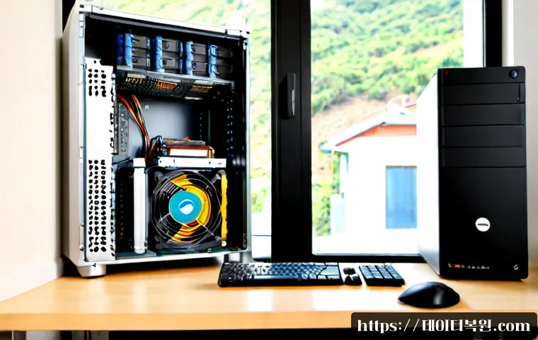 청구동 해놀로지 xpenology 구축 - Photorealistic remote-support workstation for a home NAS build, compact desktop computer with open s...
