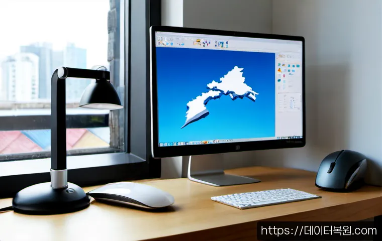 금천구 컴퓨터멈춤 - Photorealistic compact digital design studio in Geumcheon, dual-monitor workstation frozen on a comp...
