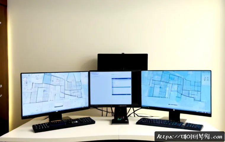 상일동 입력신호가 없습니다 - Photorealistic IT support workstation in a modern Sangil-dong apartment office, dual monitors with o...