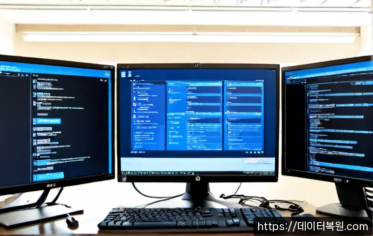 종로구 DRIVER_PORTION_MUST_BE_NONPAGED - Photorealistic IT support workstation in Jongno-gu, Seoul, dual monitors showing a clean abstract bl...
