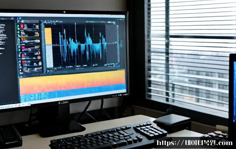 제기동 KERNEL_STACK_INPAGE_ERROR - Photorealistic PC repair workstation in a compact Jegi-dong electronics office, dual monitors showin...