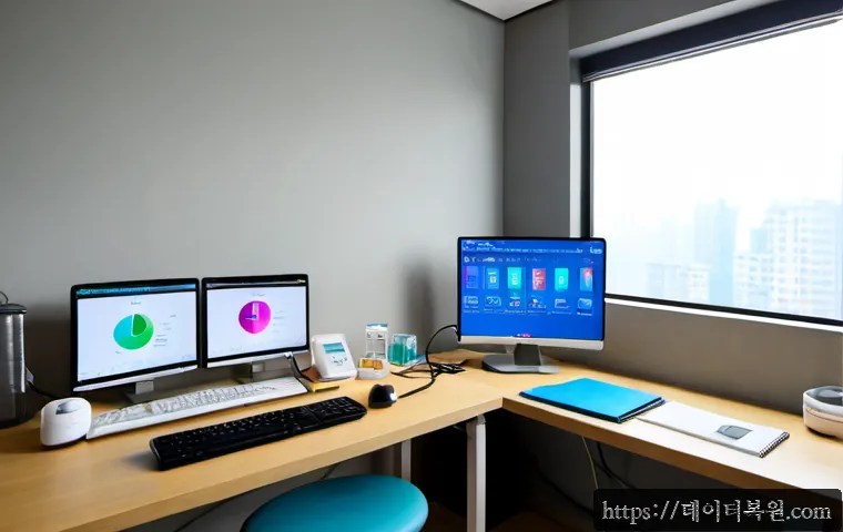 광명시 USER_MODE_HEALTH_MONITOR - Photorealistic home health-monitoring workstation in a modern Gwangmyeong apartment, desktop compute...