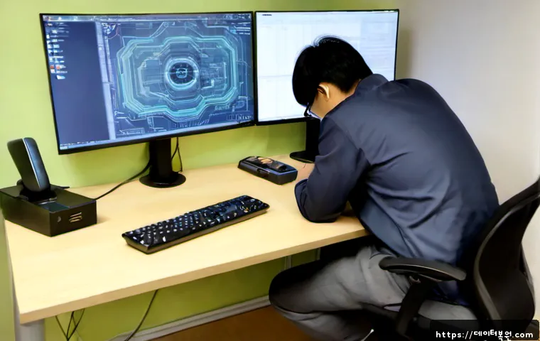 노량진 STATUS_FLOAT_UNDERFLOW - Photorealistic remote-support workstation in a compact Noryangjin office, dual monitors showing a cl...