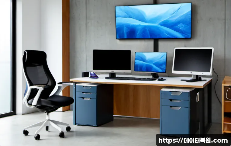 논현동 STATUS_KERNEL_FILE_SYSTEM_ERROR - Photorealistic premium workstation in a modern Nonhyeon-dong design studio, dual monitors showing a ...