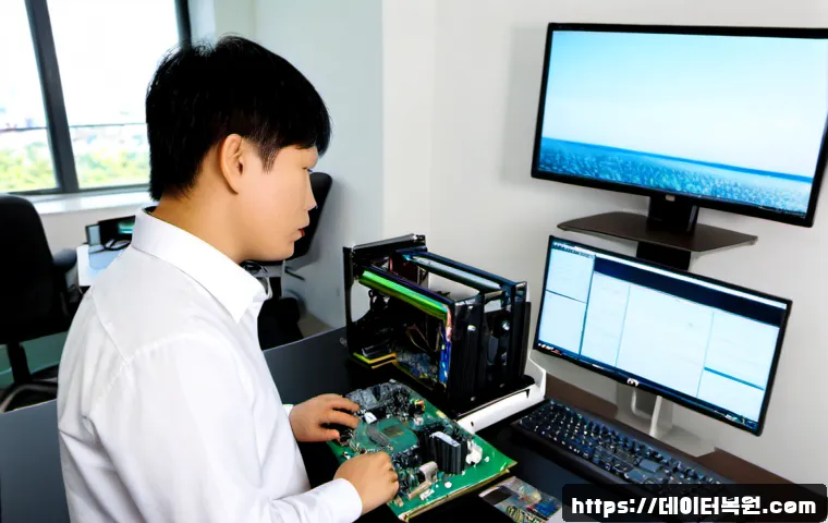 등촌동 HARDWARE_FAILURE - Photorealistic IT workstation in a modern Deungchon-dong office, desktop tower opened for hardware d...