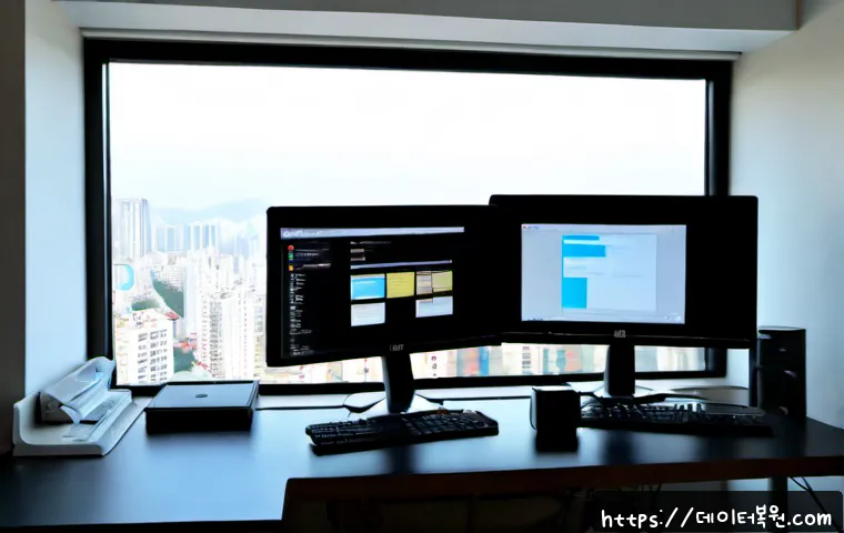 마두동 STATUS_FILE_NOT_FOUND - Photorealistic software support workstation in a Madudong apartment study, dual monitors showing a c...