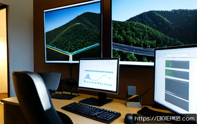 중부면 MEMORY_MANAGEMENT - Photorealistic modern software workstation in a quiet suburban office near wooded hills, dual monito...