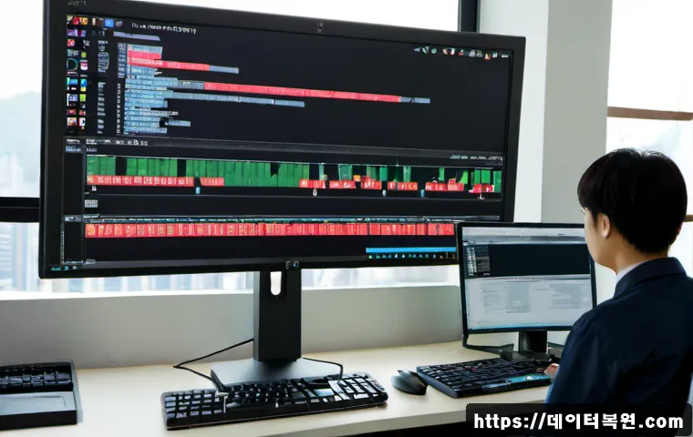 통인동 PFN_LIST_CORRUPT - Photorealistic IT support workstation in a compact Tongin-dong office, dual monitors showing a non-b...