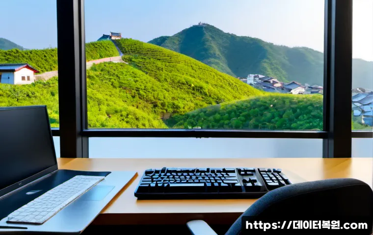 누하동 STATUS_SYSTEM_FILE_MISSING - Photorealistic remote-support workstation in a quiet Nuha-dong hillside apartment, dual monitors sho...