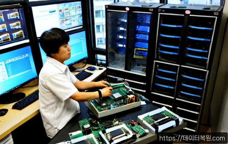낙원동 RAM조립 및 교체수리 - Photorealistic computer repair workstation in a compact Nakwon-dong electronics shop, technician wea...