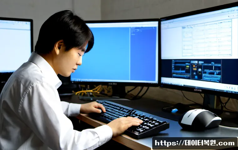 성수동 DRIVER_PORTION_MUST_BE_NONPAGED - Photorealistic remote-support workstation in a converted brick studio, dual monitors showing a clean...