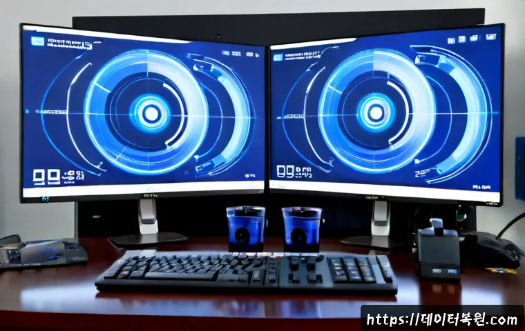 자양동 KERNEL_SECURITY_CHECK_FAILURE - Photorealistic IT support workstation in a modern apartment near a riverside district, dual monitors...