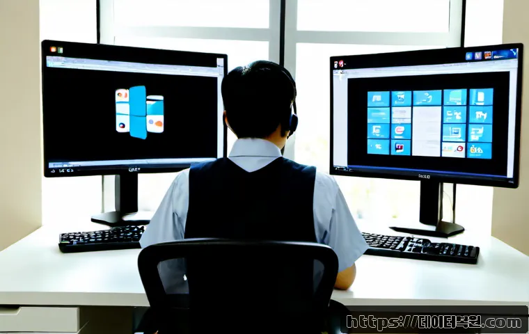 초월읍 STATUS_KERNEL_ACCESS_DENIED - Photorealistic remote IT support workstation in a quiet suburban Korean office, technician facing du...