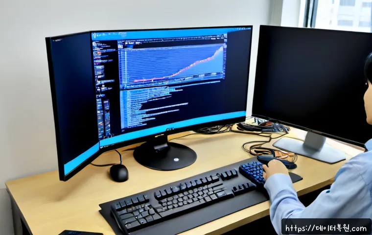 신교동 KERNEL_STACK_INPAGE_ERROR - Photorealistic remote IT support workstation in a compact Seongyo-dong apartment office, dual monito...