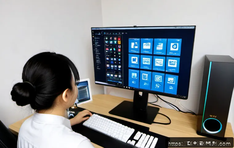 흥도동 중고컴퓨터 pc 출장판매설치 - Photorealistic home office in a compact Korean apartment, technician carefully installing a refurbis...