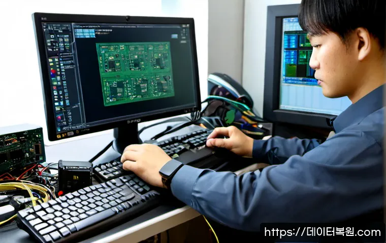 군자동 HARDWARE_FAILURE - Photorealistic remote IT support workstation in a compact Gunjadong electronics repair office, deskt...