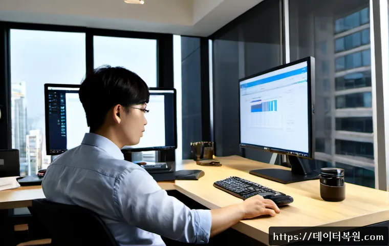 상암동 STATUS_FILE_NOT_FOUND - Photorealistic modern workstation in a Sangam-dong digital media office, IT specialist reviewing a b...