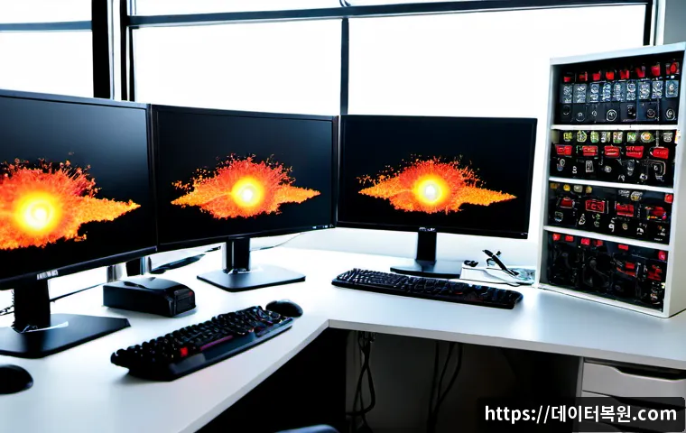 하면 STATUS_ILLEGAL_INSTRUCTION - Photorealistic IT support workstation in a compact Seoul office, dual monitors showing abstract cras...