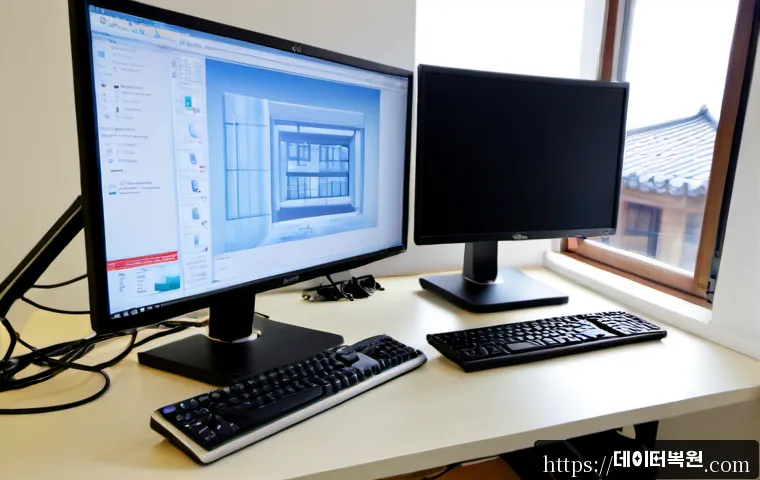 필운동 프로그램응답없음 - Photorealistic remote-support workstation in a quiet Pilun-dong office, dual monitors showing a froz...
