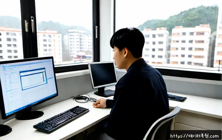 냉천동 VENDOR_DEFINED_ERROR - Photorealistic IT support workstation in a compact Naengcheon-dong office, dual monitors showing abs...