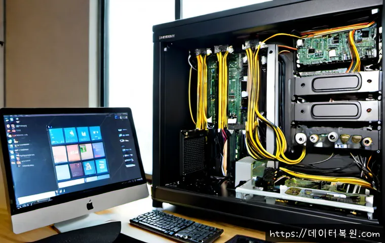합정동 WIN32K_LOCK_HELD_TOO_LONG - Photorealistic compact PC repair workstation in a Hapjeong-dong creative studio, dual blank monitors...