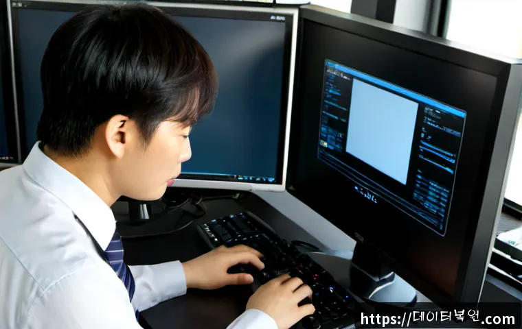 재동 STATUS_DEVICE_NOT_READY - Photorealistic IT support workstation, frustrated engineer rebooting a compact desktop computer besi...
