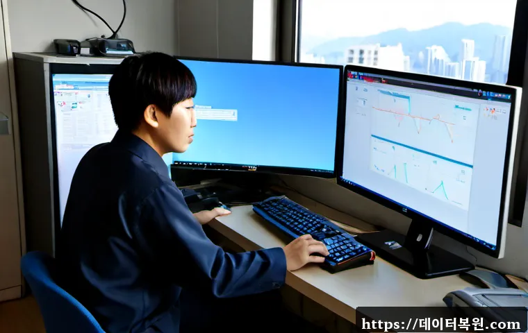 용신동 STATUS_DRIVER_ENTRYPOINT_NOT_FOUND - Photorealistic IT support workstation in a compact Yongdusan-style urban office, technician studying...