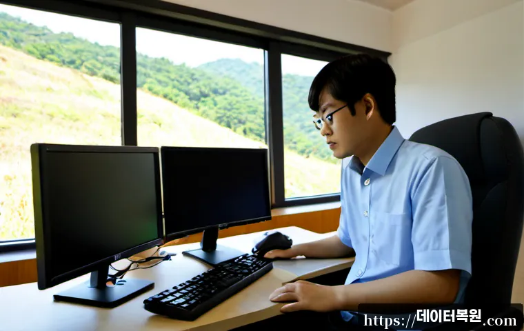 곤지암 STATUS_FILE_CORRUPTION - Photorealistic IT support workstation in a quiet Gonjiam-area office, dual monitors showing a corrup...