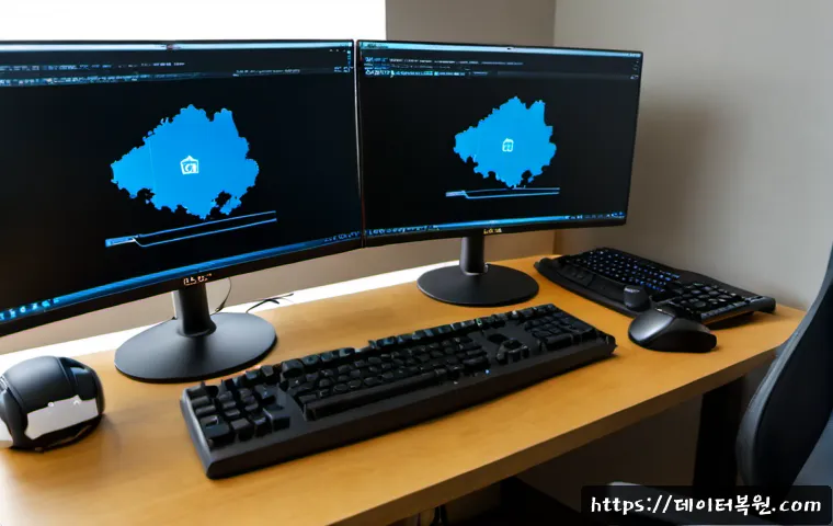 삼각산동 STATUS_MODULE_CORRUPTION - Photorealistic IT support workstation in a compact apartment office near a wooded hillside district,...