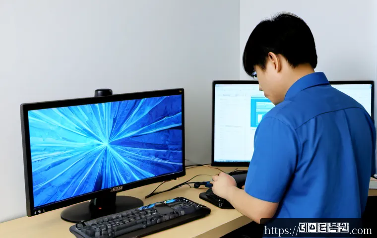 의주로 CLOCK_WATCHDOG_TIMEOUT - Photorealistic remote IT support workstation in a modern office near an old central Seoul corridor, ...