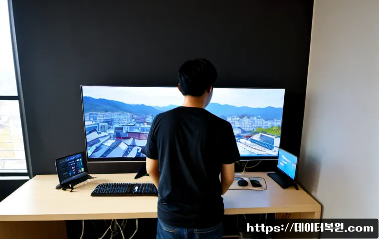 고봉동 입력신호가 없습니다 - Photorealistic remote-support workstation in a quiet Goyang suburban apartment, dual monitors with o...