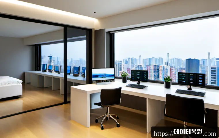 압구정동 PROCESS_HAS_LOCKED_PAGES - Photorealistic luxury interior design workstation in Apgujeong-dong, Seoul, dual monitors showing a ...