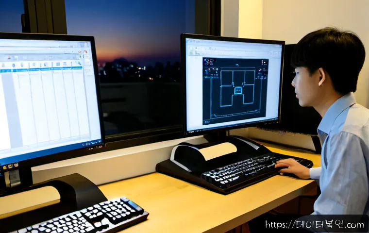 동선동 STATUS_INVALID_CALLER - Photorealistic remote-support workstation in a compact Seoul university-district office, dual monito...