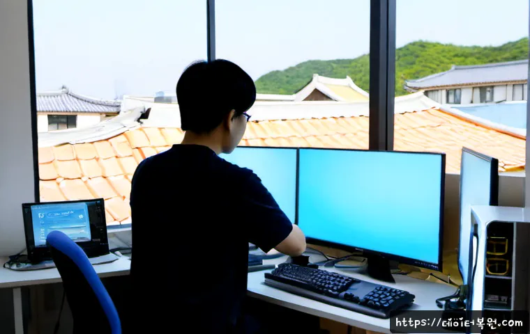 남창동 HAL_INITIALIZATION_FAILED - Photorealistic IT support workstation in Namchang-dong, Seoul, dual monitors showing a blank blue sy...