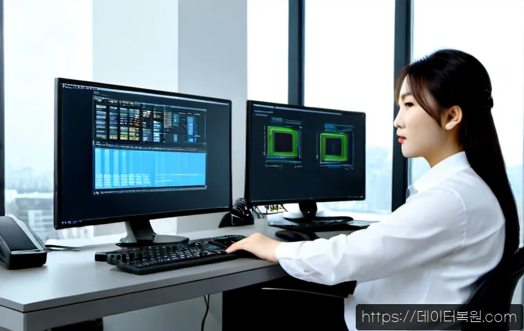 마곡동 STATUS_ACCESS_VIOLATION - Photorealistic IT support workstation in a modern Magok business district office, ultrawide monitor ...