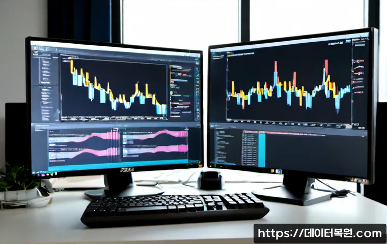 과해동 STATUS_NO_MEMORY - Photorealistic technical support workstation, dual monitors displaying abstract memory-usage graphs ...