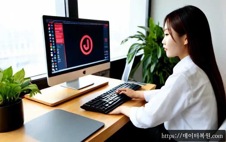 신사동 REGISTRY_ERROR - Photorealistic IT support workstation in a stylish Sinsa-dong design office, desktop monitor showing...