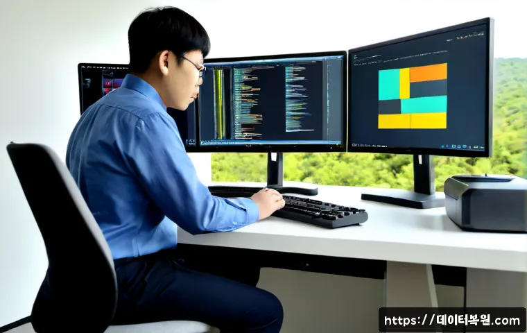 막계동 STATUS_INSUFFICIENT_RESOURCES - Photorealistic IT support workstation in a compact office near wooded foothills, dual monitors showi...