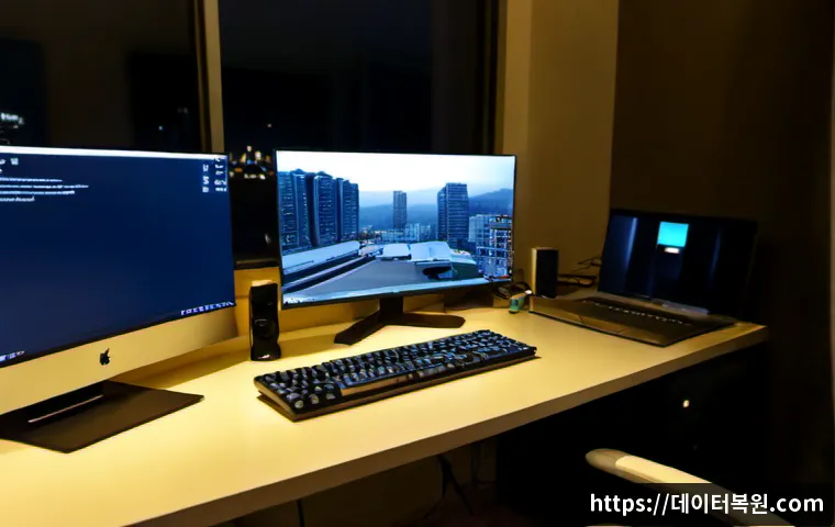 소하동 Press Ctrl Alt Del to restart - Photorealistic remote-support workstation in a compact Soha-dong apartment office, ultrawide monitor...