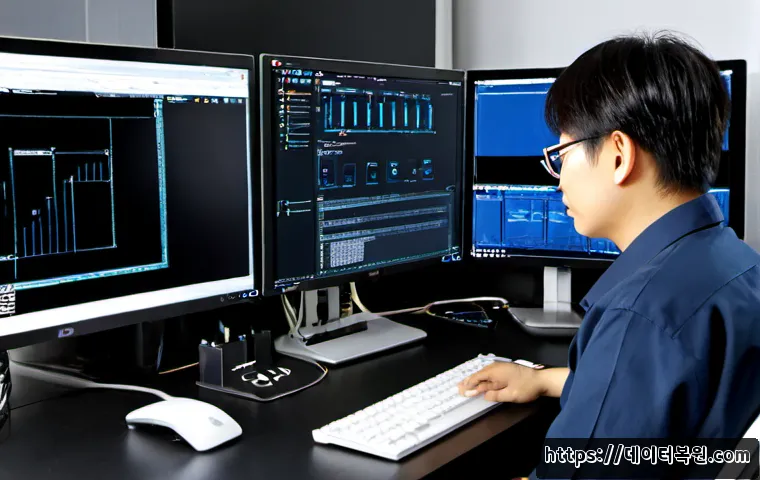 흥인동 THREAD_TERMINATION_PORT - Photorealistic remote-support workstation in a compact Dongdaemun-area repair office, technician mon...