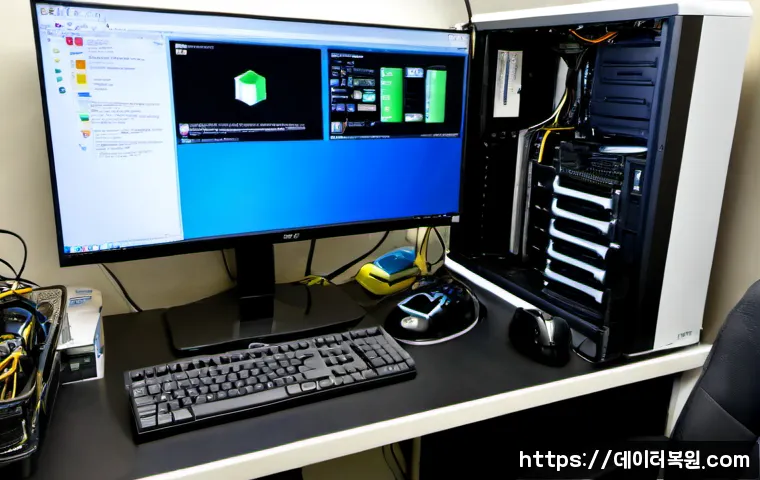 금천구 부팅불가 - Photorealistic PC repair workstation in a compact Geumcheon-gu office, desktop tower opened beside a...